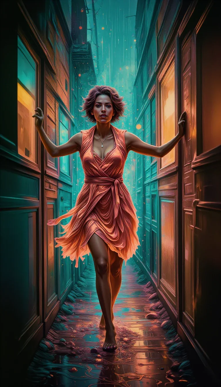 a lover leaning against rain-streaked glass in a bold, open-armed welcome, in a rain-slick neon alley, editorial glamour