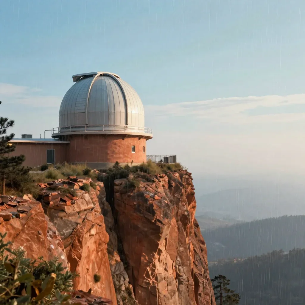 a cliffside observatory after warm summer rain, quiet science-fiction concept art, soft volumetric light, terracotta and