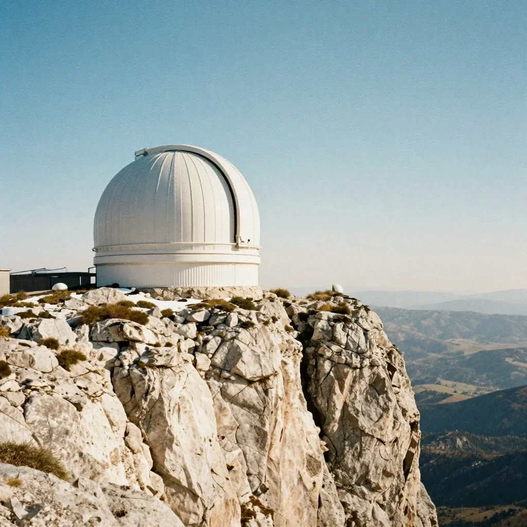 a cliffside observatory in crisp winter sunlight, soft-grain analog film photography, restrained color harmony, indigo a