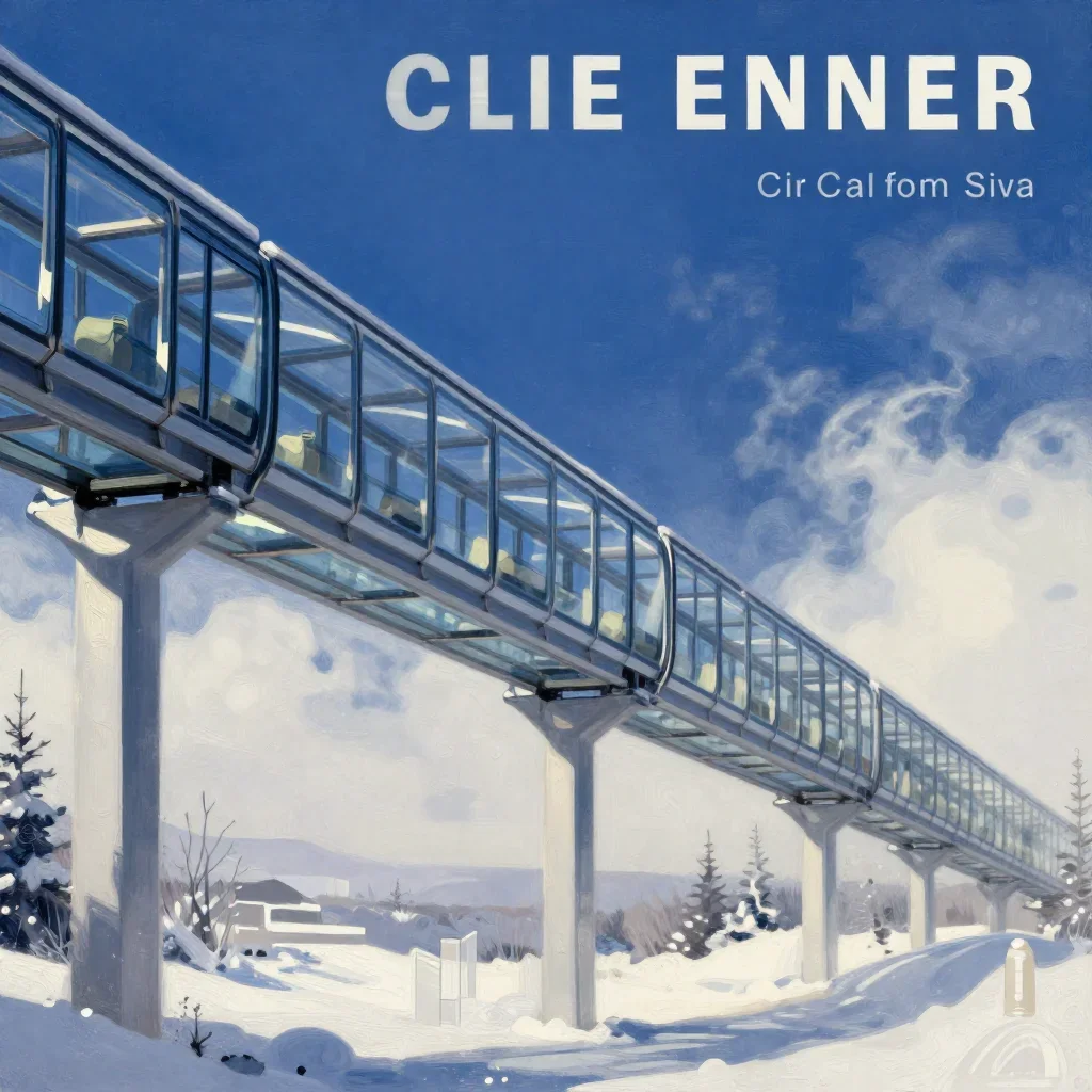 a glass monorail in crisp winter sunlight, modernist poster illustration, restrained color harmony, indigo and pearl pal