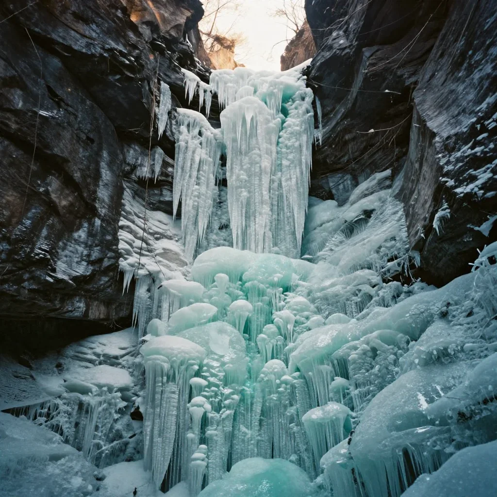 a frozen waterfall canyon at first light, soft-grain analog film photography, subtle film grain, jade and charcoal palet
