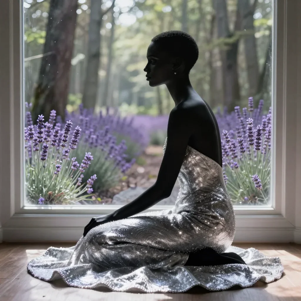 a couture catwalk muse with razor cheekbones in a seated silhouette against a window, in a dewy forest clearing, high-fa