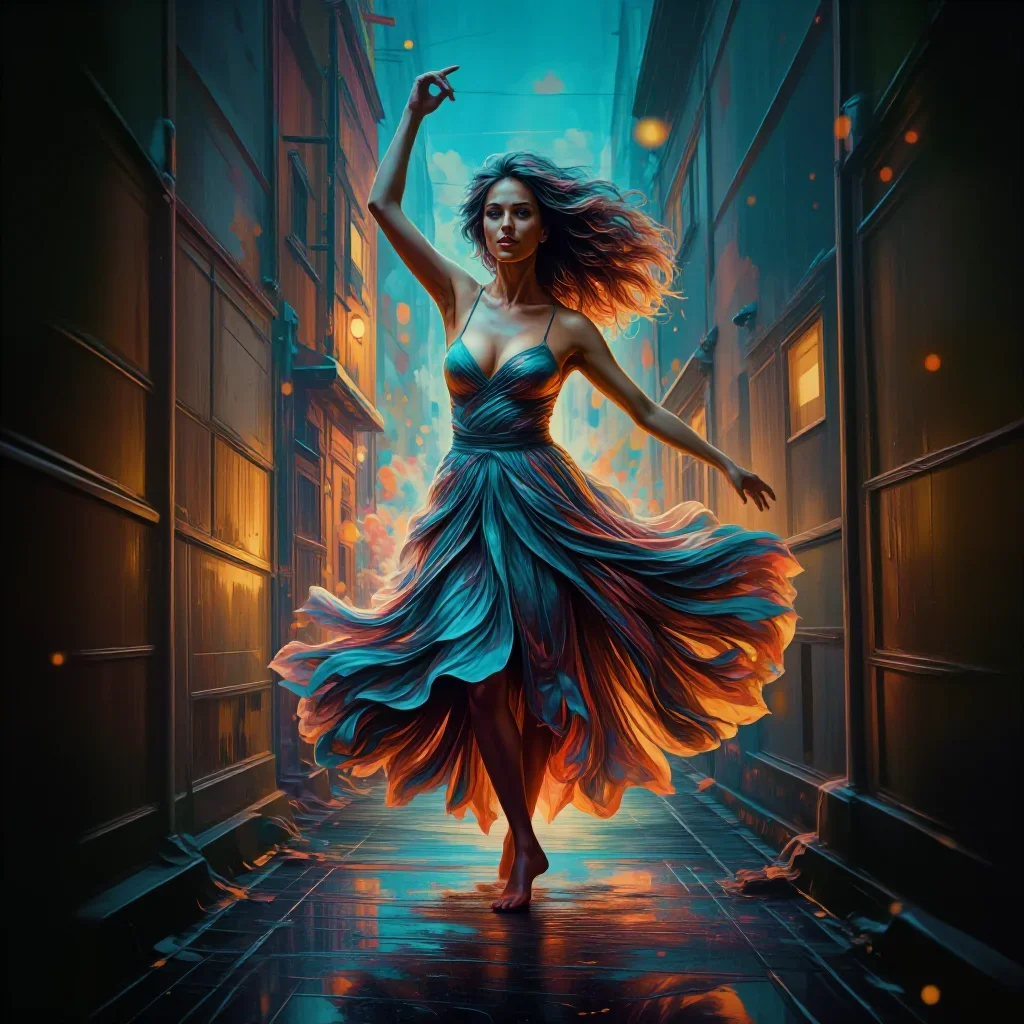 a dancer mid-spin in a silk maxi dress mid-turn with fabric catching the light, in a rain-slick neon alley, bold Helmut 