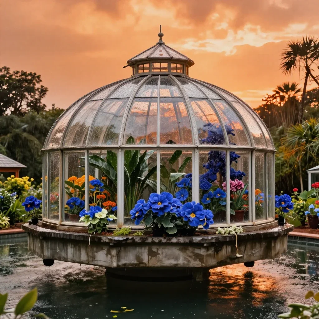 a floating botanical conservatory after warm summer rain, refined editorial travel photography, crisp material detail, o