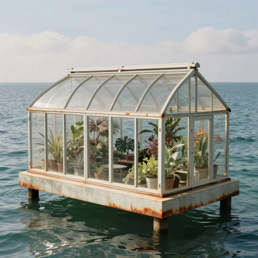 a floating botanical conservatory in a gentle sea breeze, museum-quality still-life photography, clean natural textures,