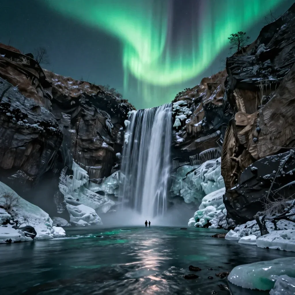 a frozen waterfall canyon beneath an aurora, museum-quality still-life photography, gentle reflected light, jade and cha