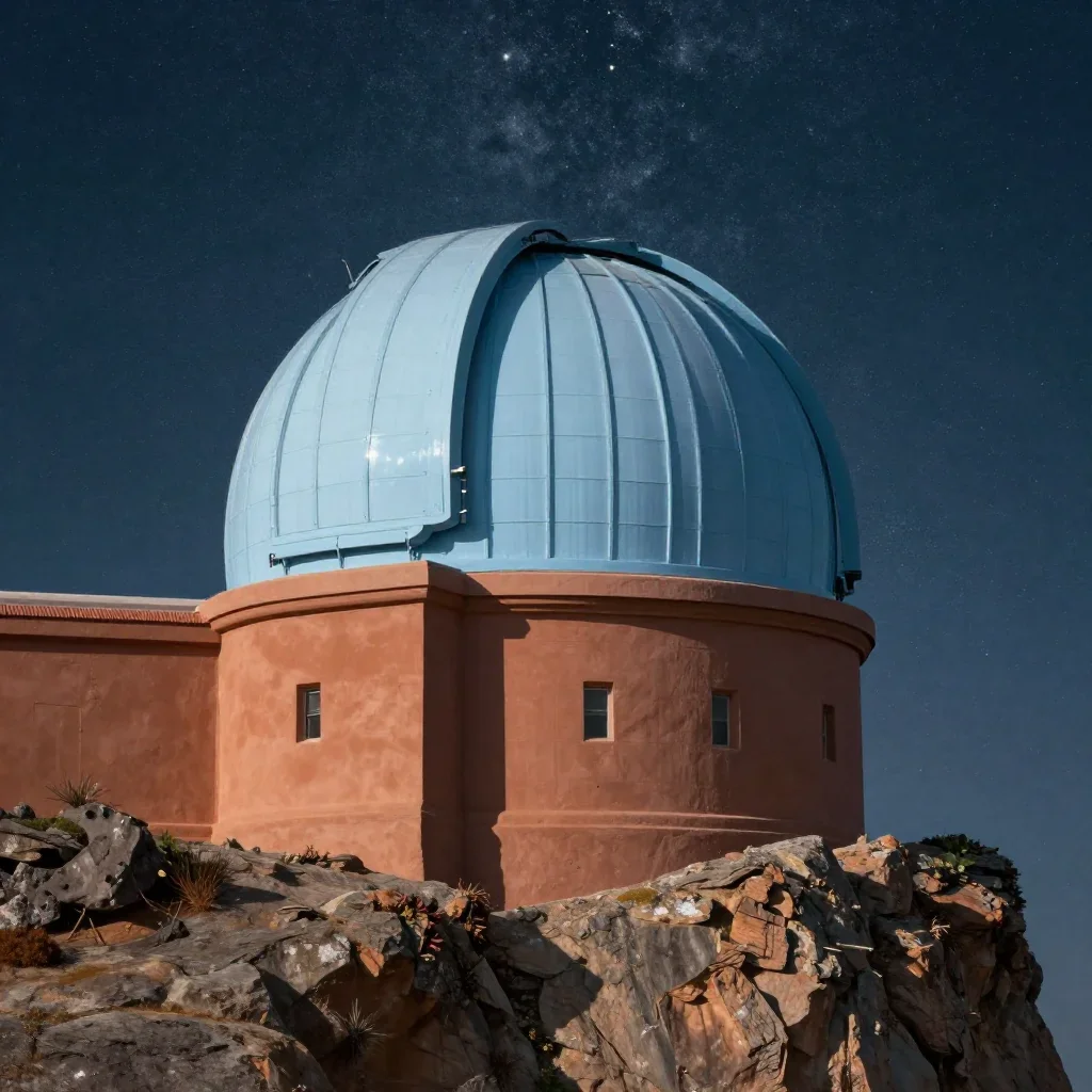 a cliffside observatory beneath a star-filled sky, cinematic architectural photography, careful geometric composition, t