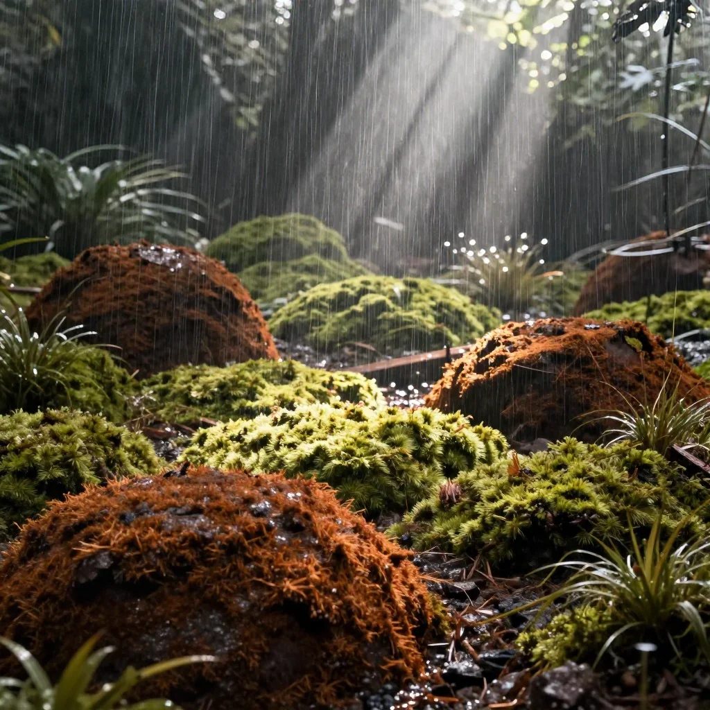 a moss garden after rain at first light, quiet science-fiction concept art, soft volumetric light, rust and sage palette