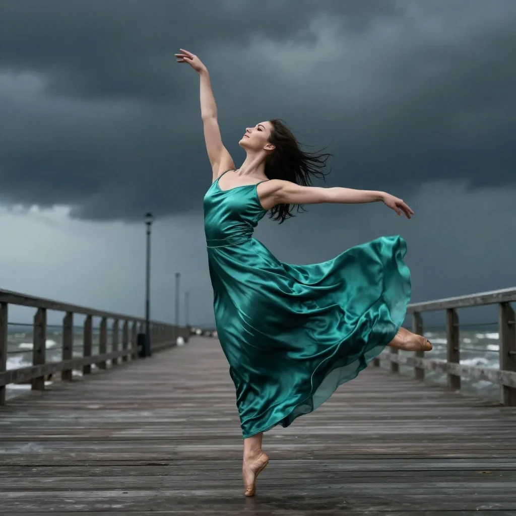 a dancer mid-spin in a silk maxi dress in a graceful contrapposto pose, on a storm-washed boardwalk, National Geographic