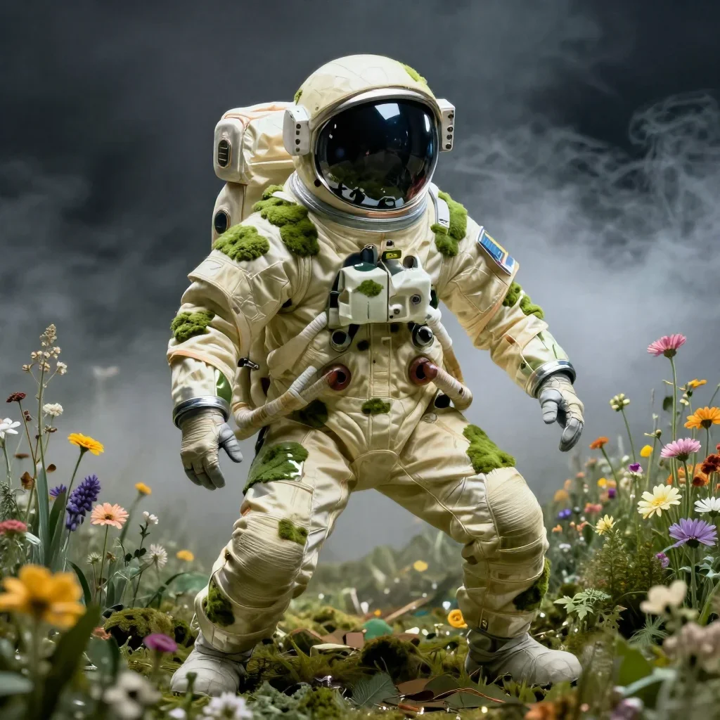 an astronaut in a reflective bodysuit among wildflowers in a low lunge with a lifted chin, in a smoke-lit photo studio, 