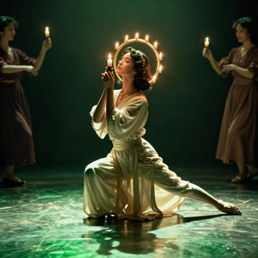 a celestial priestess with haloed candlelight in a low lunge with a lifted chin, on a midnight dance floor, Wong Kar-wai