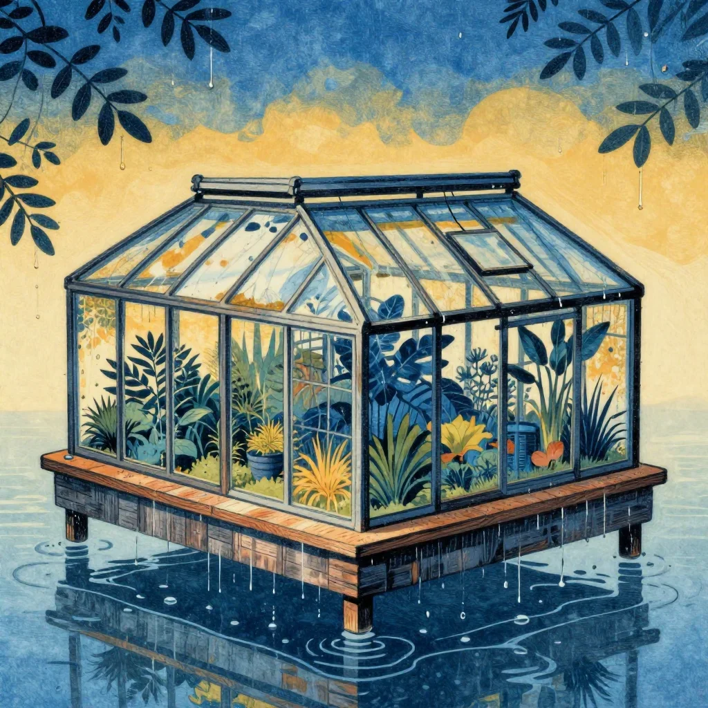 a floating botanical conservatory after warm summer rain, Japanese woodblock-inspired editorial art, weathered tactile s