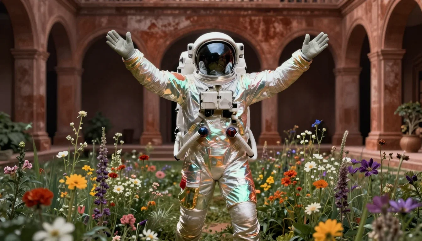 an astronaut in a reflective bodysuit among wildflowers in a bold, open-armed welcome, in a moonlit palace courtyard, bo