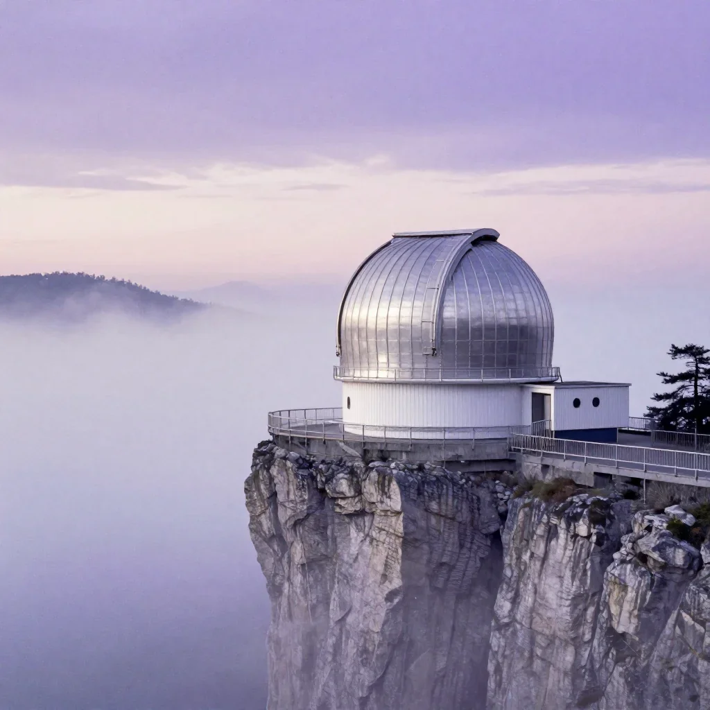 a cliffside observatory under soft dawn fog, Japanese woodblock-inspired editorial art, subtle film grain, lavender and 