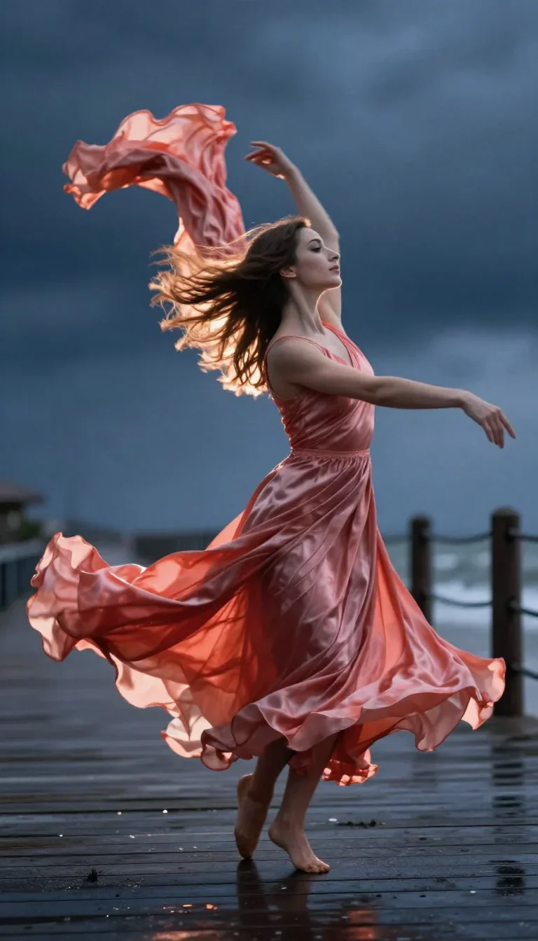 a dancer mid-spin in a silk maxi dress mid-turn with fabric catching the light, on a storm-washed boardwalk, dreamlike f