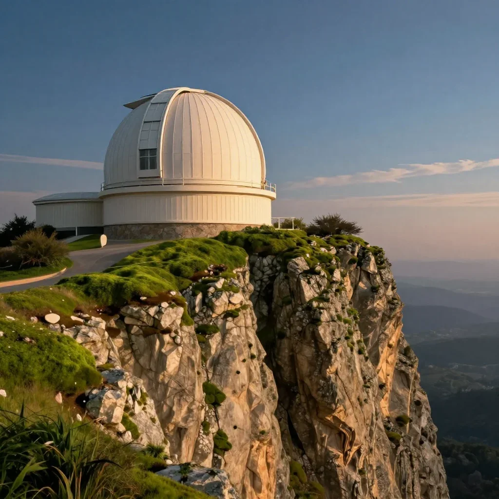 a cliffside observatory at blue hour, dreamlike fine-art landscape photography, soft volumetric light, moss green and cr