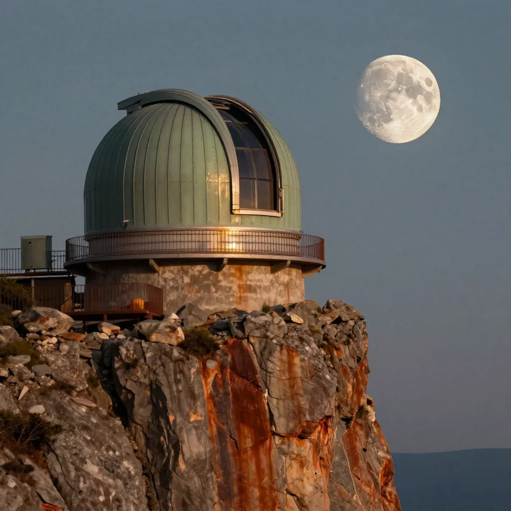a cliffside observatory at moonrise, cinematic architectural photography, atmospheric depth, rust and sage palette, no p