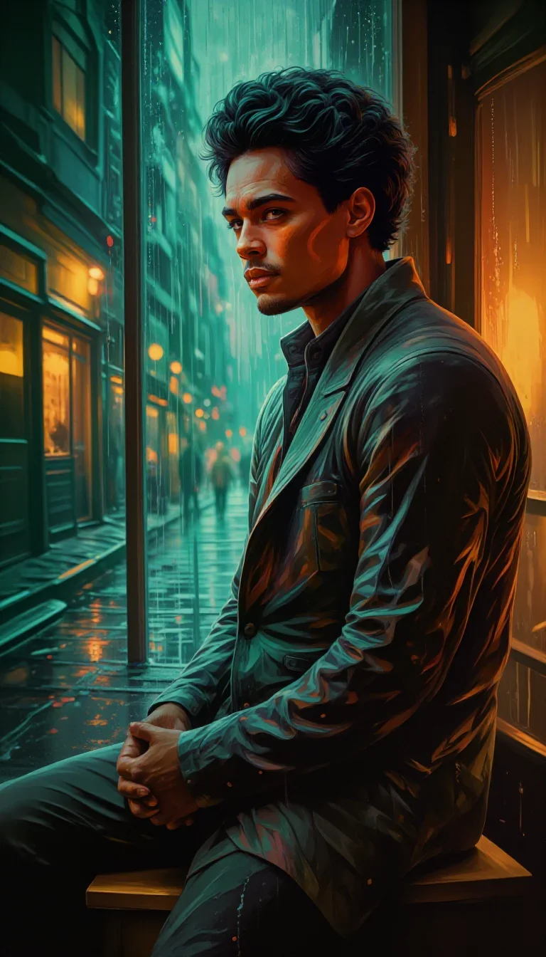 an androgynous model in a sharply tailored suit in a seated silhouette against a window, in a rain-slick neon alley, Won