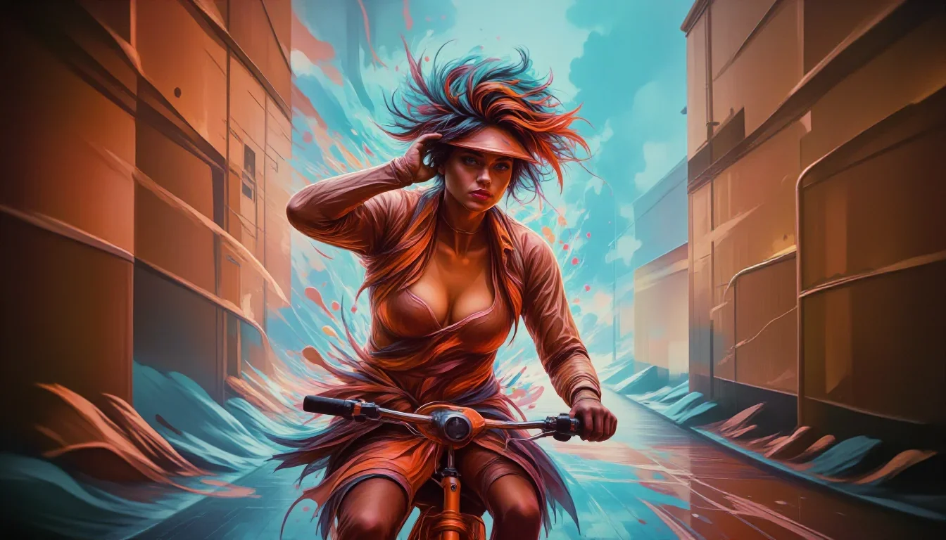 a rider removing a helmet, flushed and windblown in a low lunge with a lifted chin, in a rain-slick neon alley, futurist