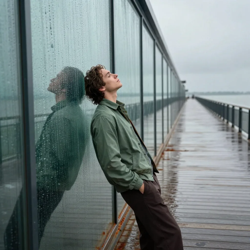 a lover leaning against rain-streaked glass in a gentle reach toward the lens, on a storm-washed boardwalk, Vogue-style 