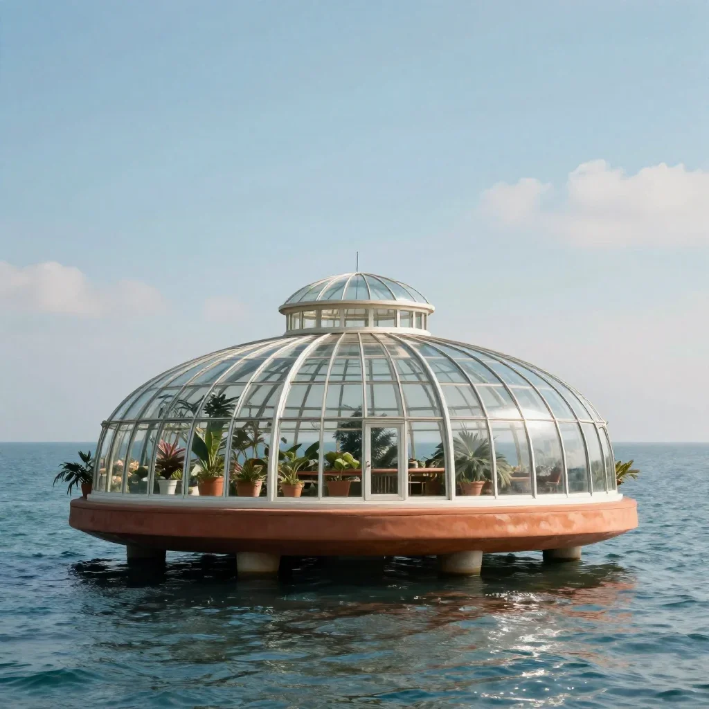 a floating botanical conservatory in a gentle sea breeze, cinematic architectural photography, calm negative space, terr