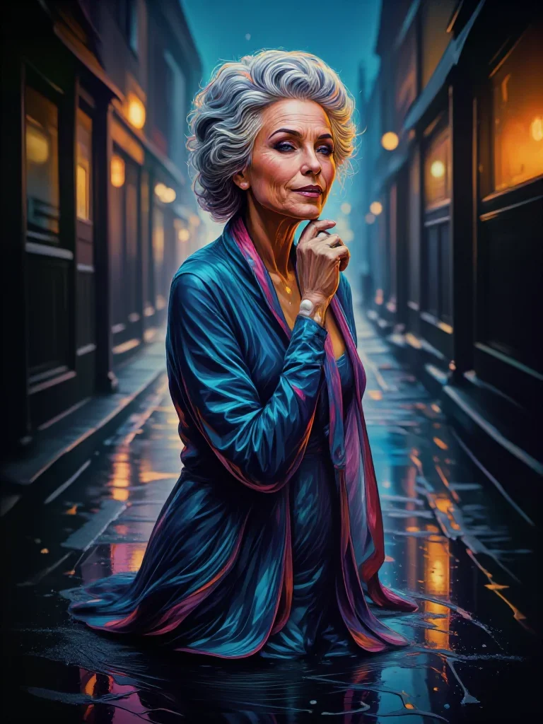 an elegant older stateswoman in a silk scarf in a low lunge with a lifted chin, in a rain-slick neon alley, high-fashion