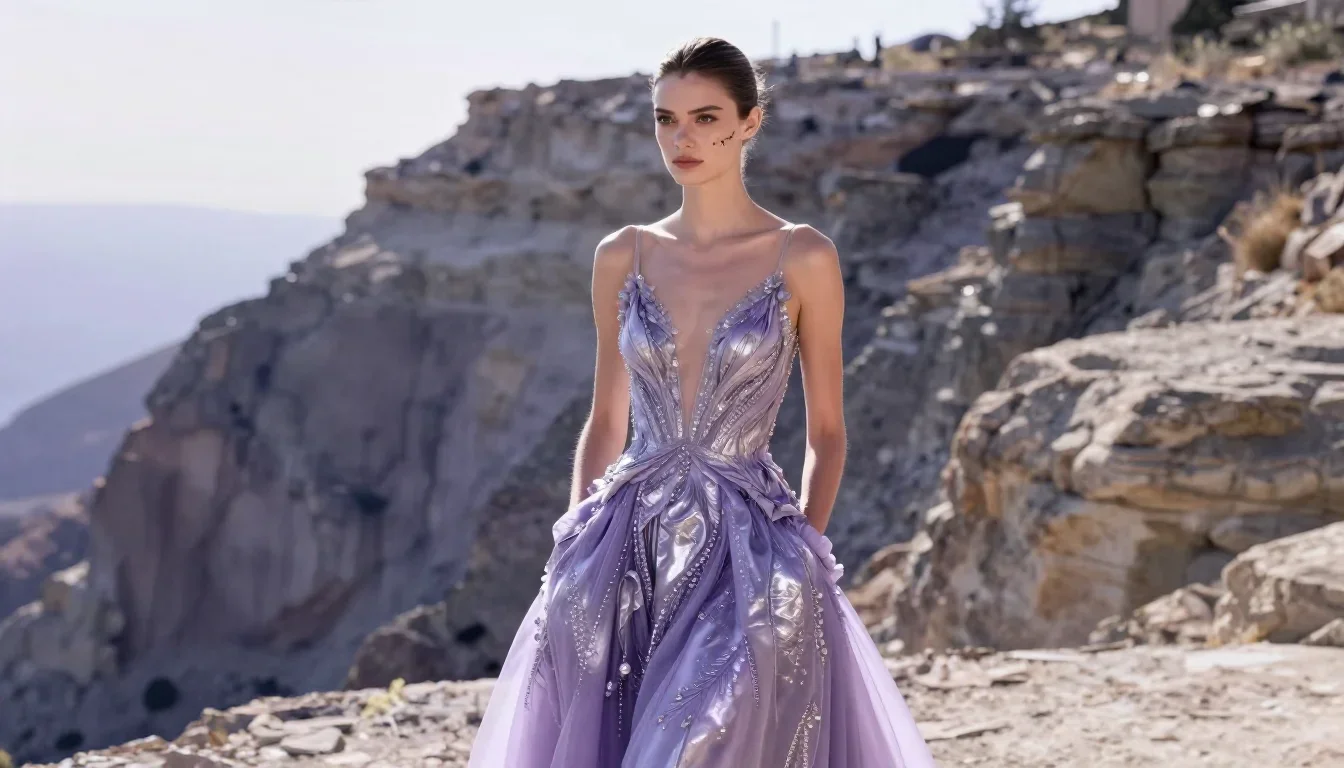 a couture catwalk muse with razor cheekbones standing tall with hands in pockets, on a sun-drenched cliffside, cinematic