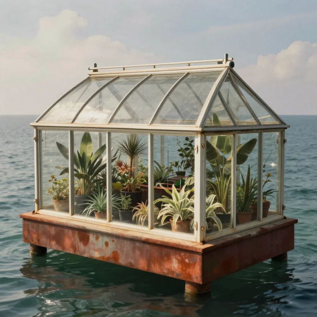 a floating botanical conservatory in a gentle sea breeze, museum-quality still-life photography, soft volumetric light, 