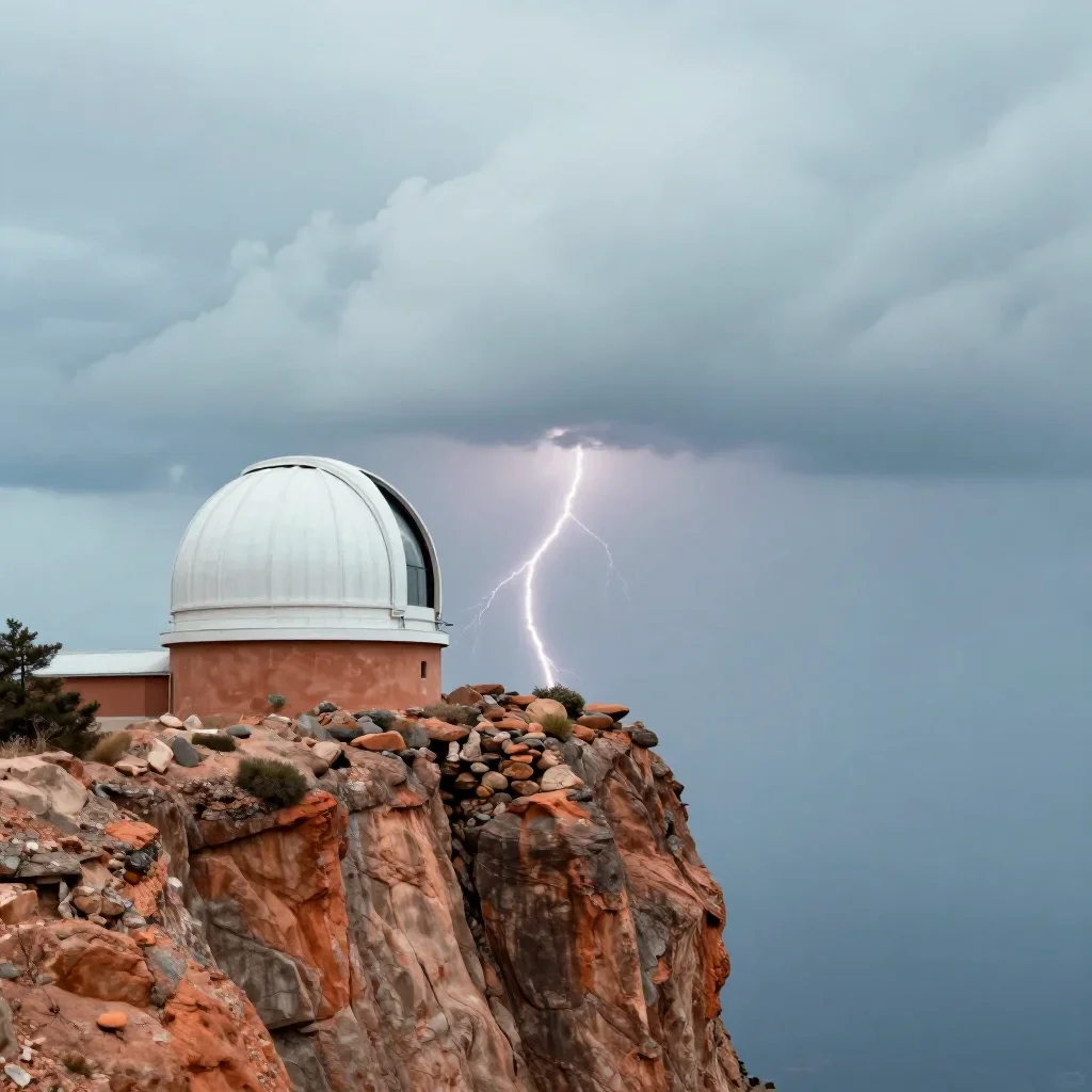 a cliffside observatory after a distant thunderstorm, high-end design magazine photography, calm negative space, terraco