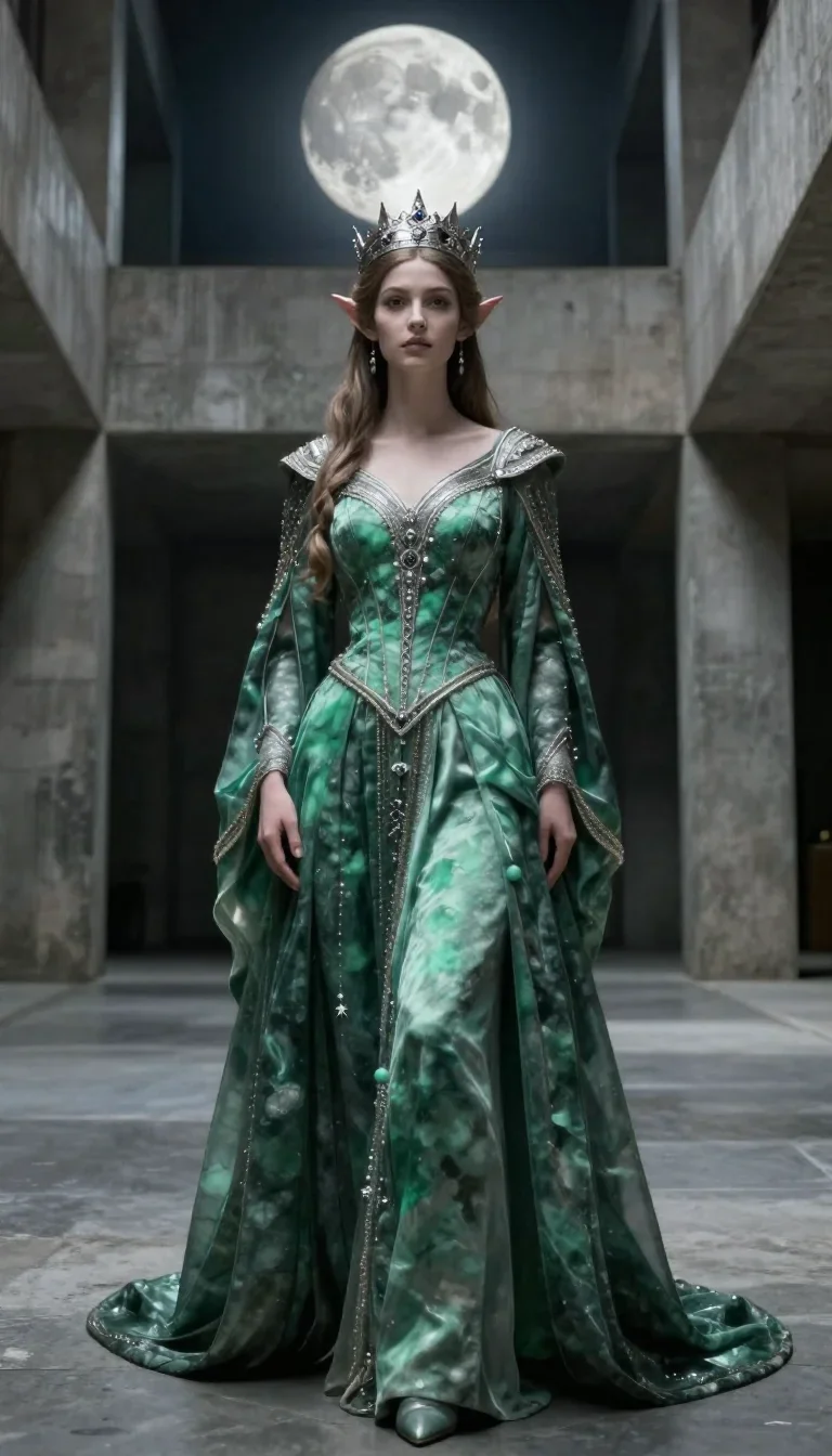 an elven queen in a moonlit silver crown standing tall with hands in pockets, in a brutalist concrete atrium, Renaissanc