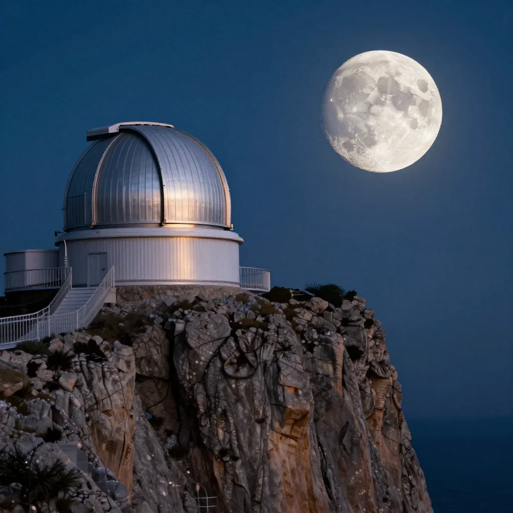 a cliffside observatory at moonrise, refined editorial travel photography, gentle reflected light, indigo and pearl pale