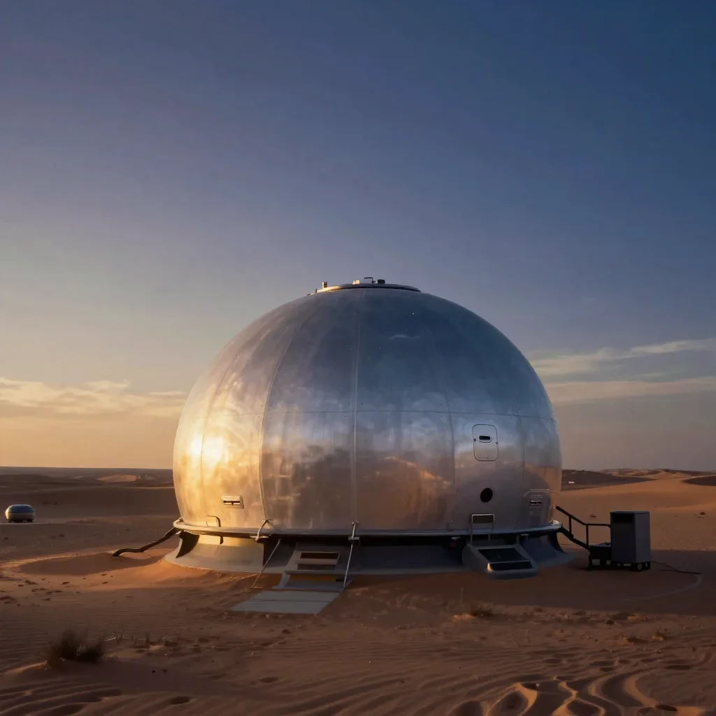 a desert research station during golden hour, quiet science-fiction concept art, soft volumetric light, indigo and pearl