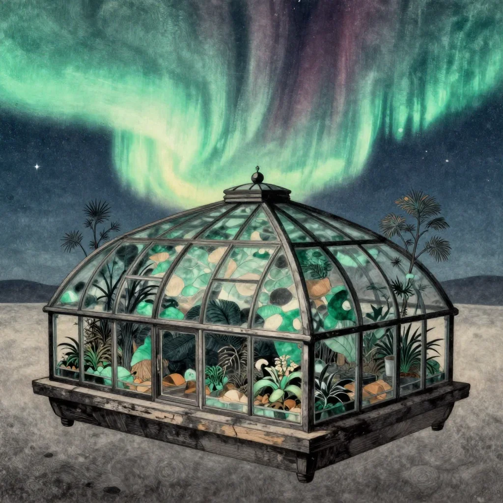 a floating botanical conservatory beneath an aurora, Japanese woodblock-inspired editorial art, weathered tactile surfac