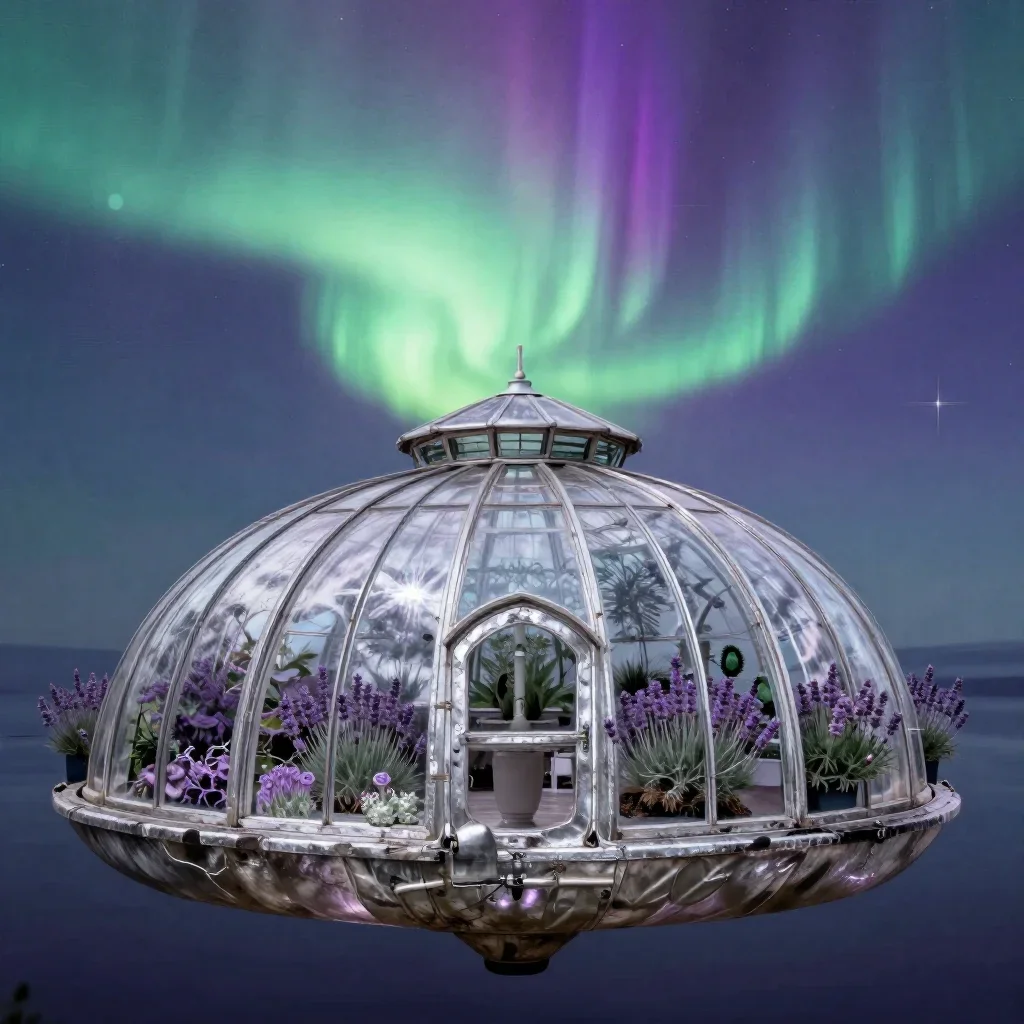 a floating botanical conservatory beneath an aurora, refined editorial travel photography, weathered tactile surfaces, l
