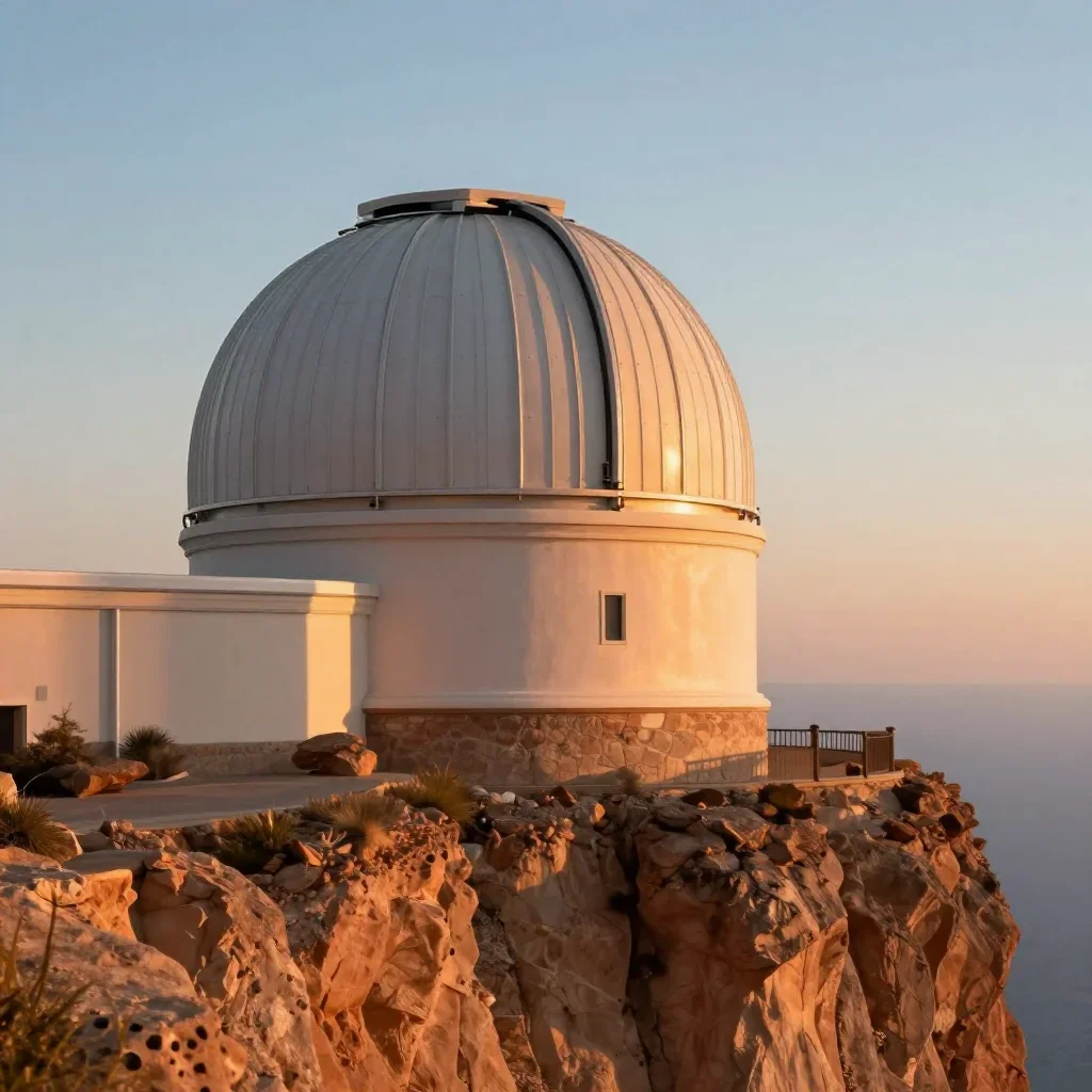 a cliffside observatory during golden hour, museum-quality still-life photography, soft volumetric light, terracotta and