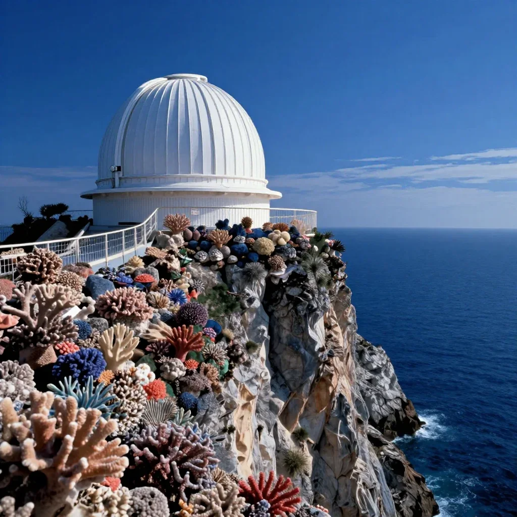 a cliffside observatory in a gentle sea breeze, dreamlike fine-art landscape photography, crisp material detail, coral a