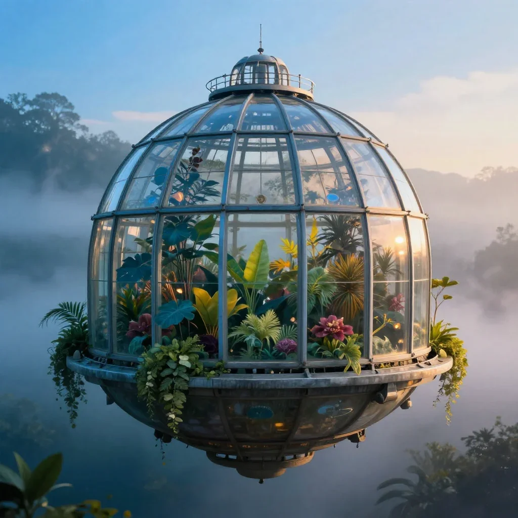 a floating botanical conservatory in quiet late-afternoon haze, quiet science-fiction concept art, soft volumetric light