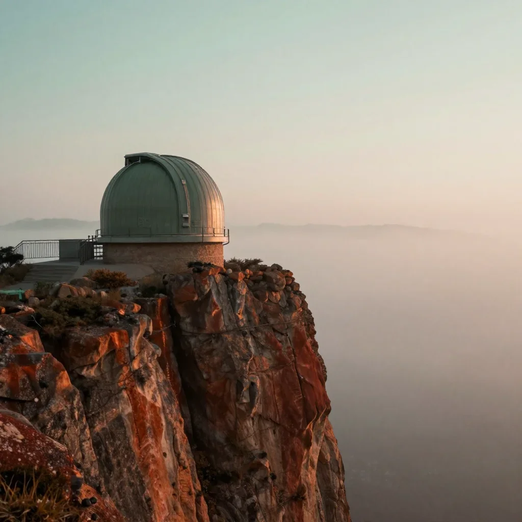 a cliffside observatory under soft dawn fog, dreamlike fine-art landscape photography, restrained color harmony, rust an