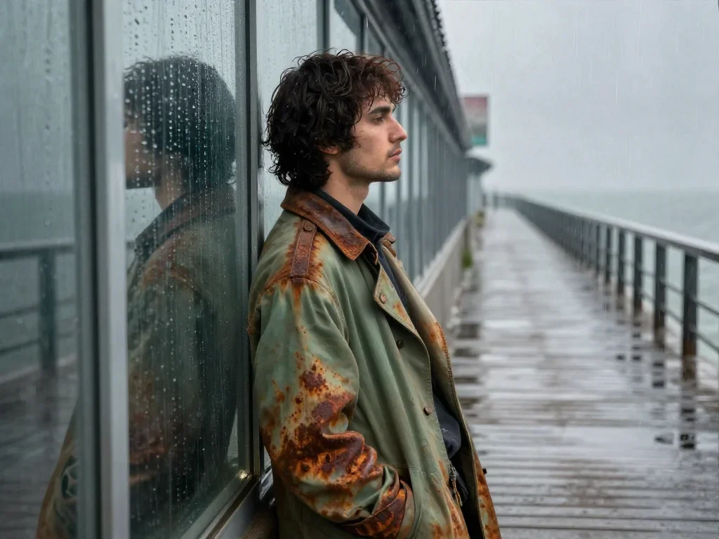 a lover leaning against rain-streaked glass in a dramatic three-quarter profile, on a storm-washed boardwalk, Renaissanc
