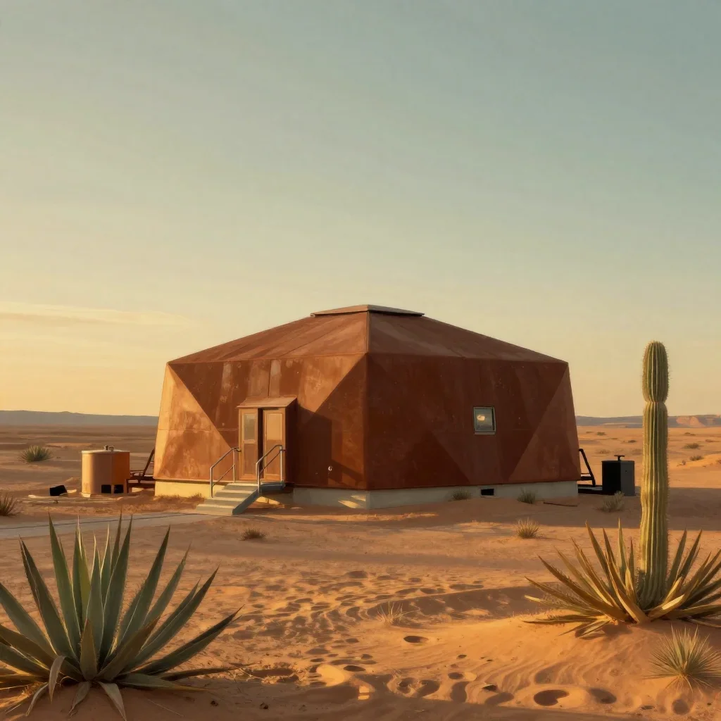 a desert research station during golden hour, contemporary botanical illustration, careful geometric composition, rust a