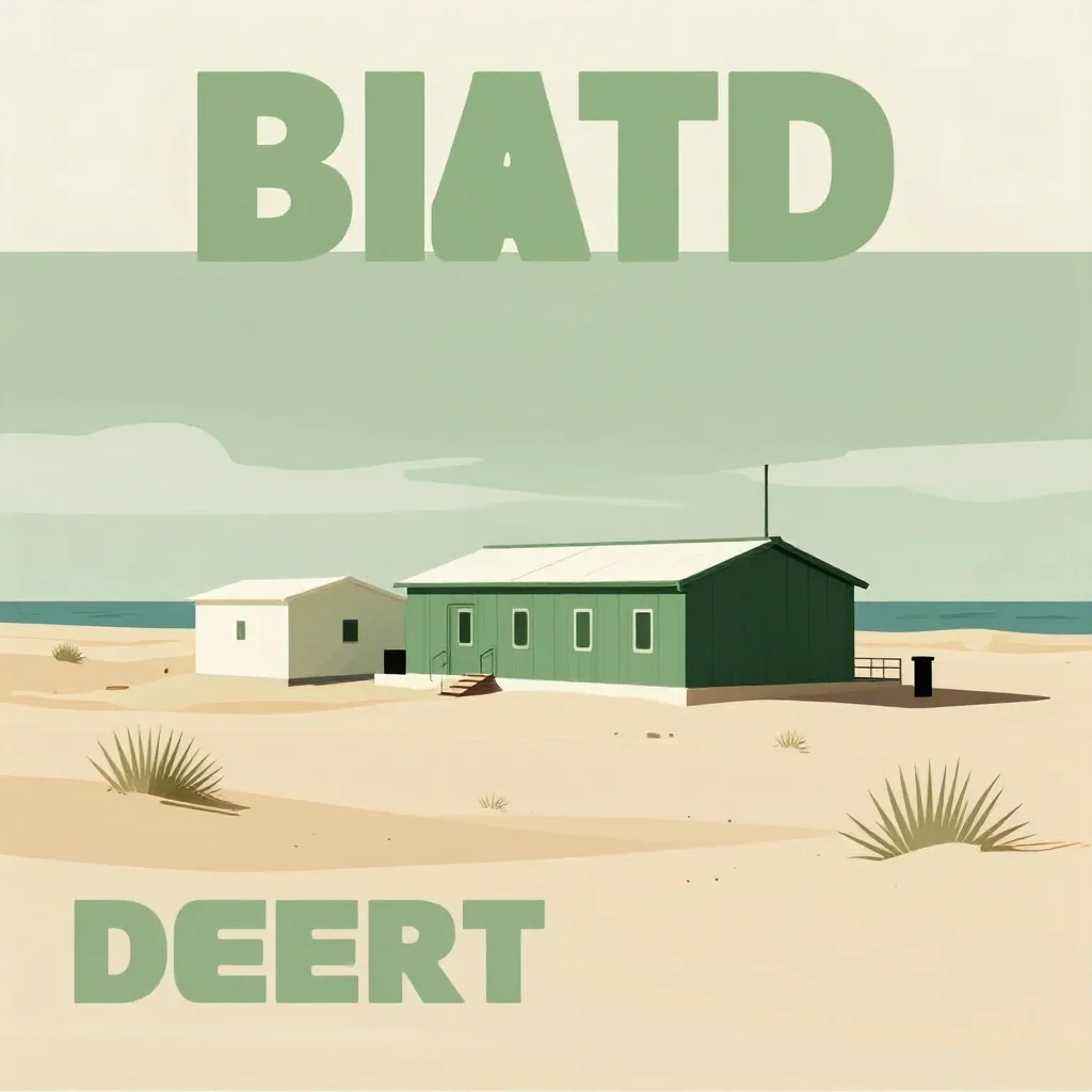 a desert research station under overcast coastal light, modernist poster illustration, restrained color harmony, moss gr