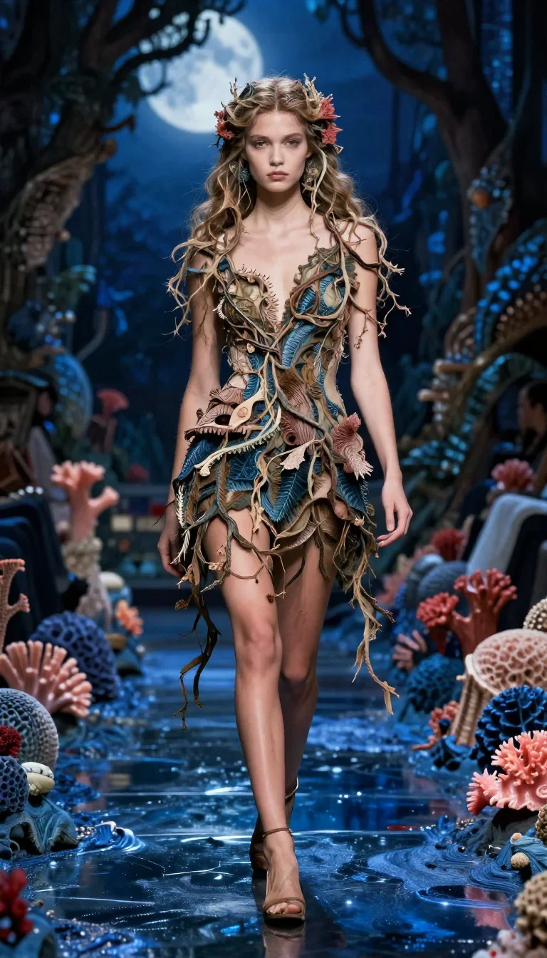 a dryad with vine-woven hair in a forest pool in a confident cinematic stride, in a moonlit palace courtyard, high-fashi