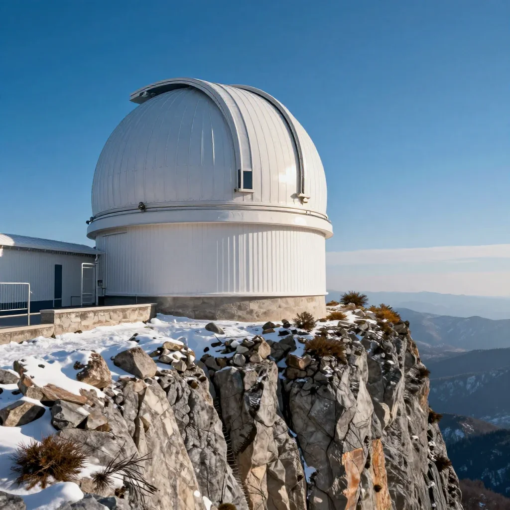 a cliffside observatory in crisp winter sunlight, cinematic architectural photography, crisp material detail, indigo and pearl palette, no people, no text, no logo, no watermark