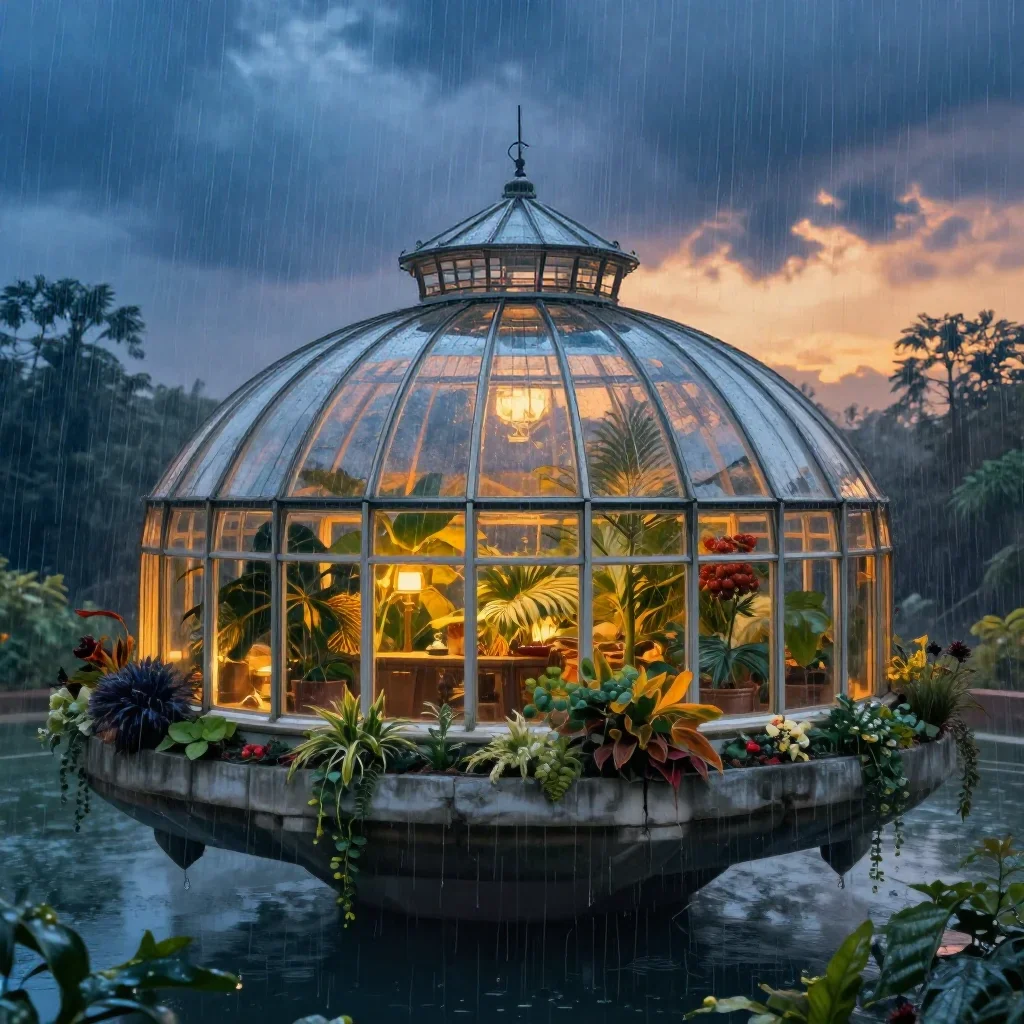 a floating botanical conservatory after warm summer rain, dreamlike fine-art landscape photography, crisp material detai