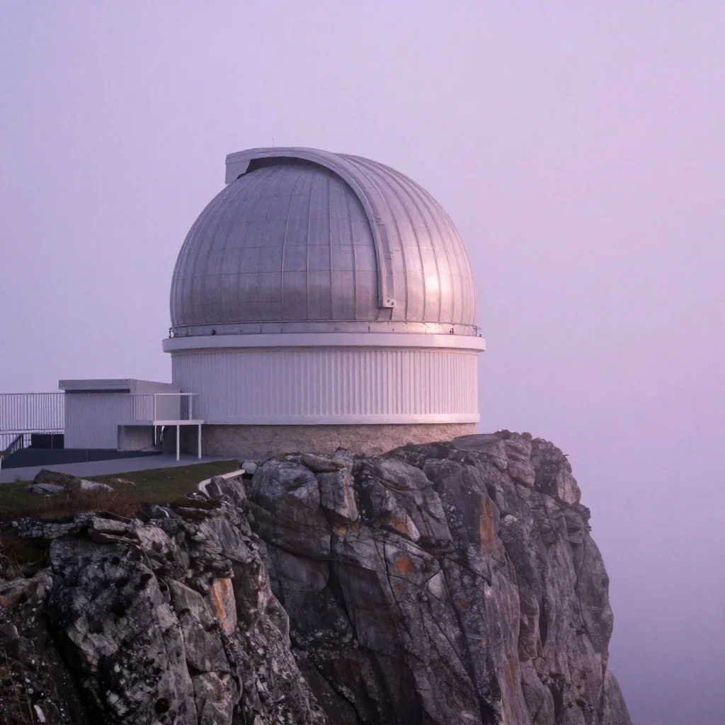 a cliffside observatory under soft dawn fog, cinematic architectural photography, subtle film grain, lavender and silver