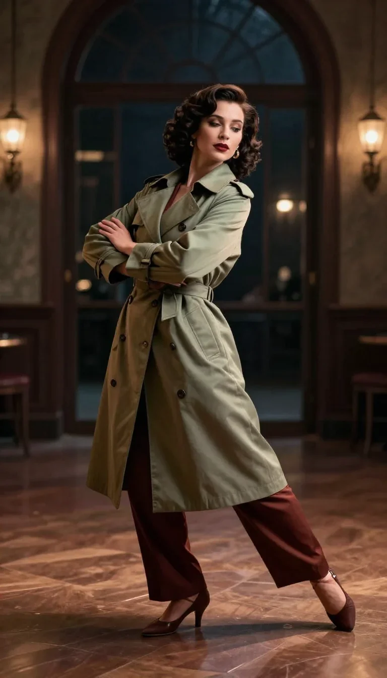 a noir detective's femme fatal muse in a trench coat in a graceful contrapposto pose, on a midnight dance floor, Vogue-s
