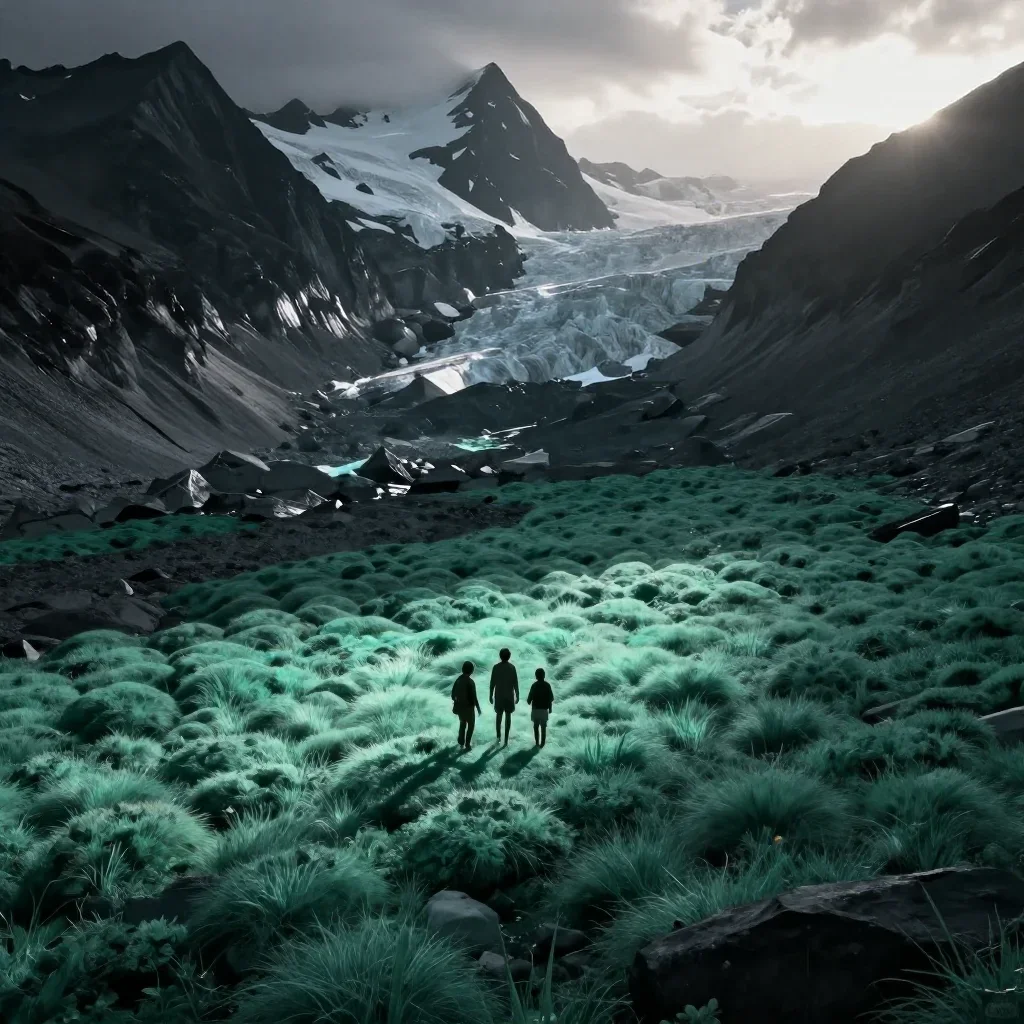 an alpine meadow beneath glaciers at first light, quiet science-fiction concept art, crisp material detail, jade and cha