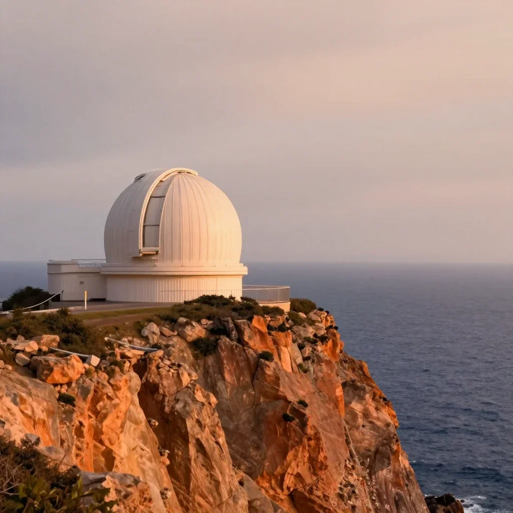 a cliffside observatory under overcast coastal light, dreamlike fine-art landscape photography, soft volumetric light, o