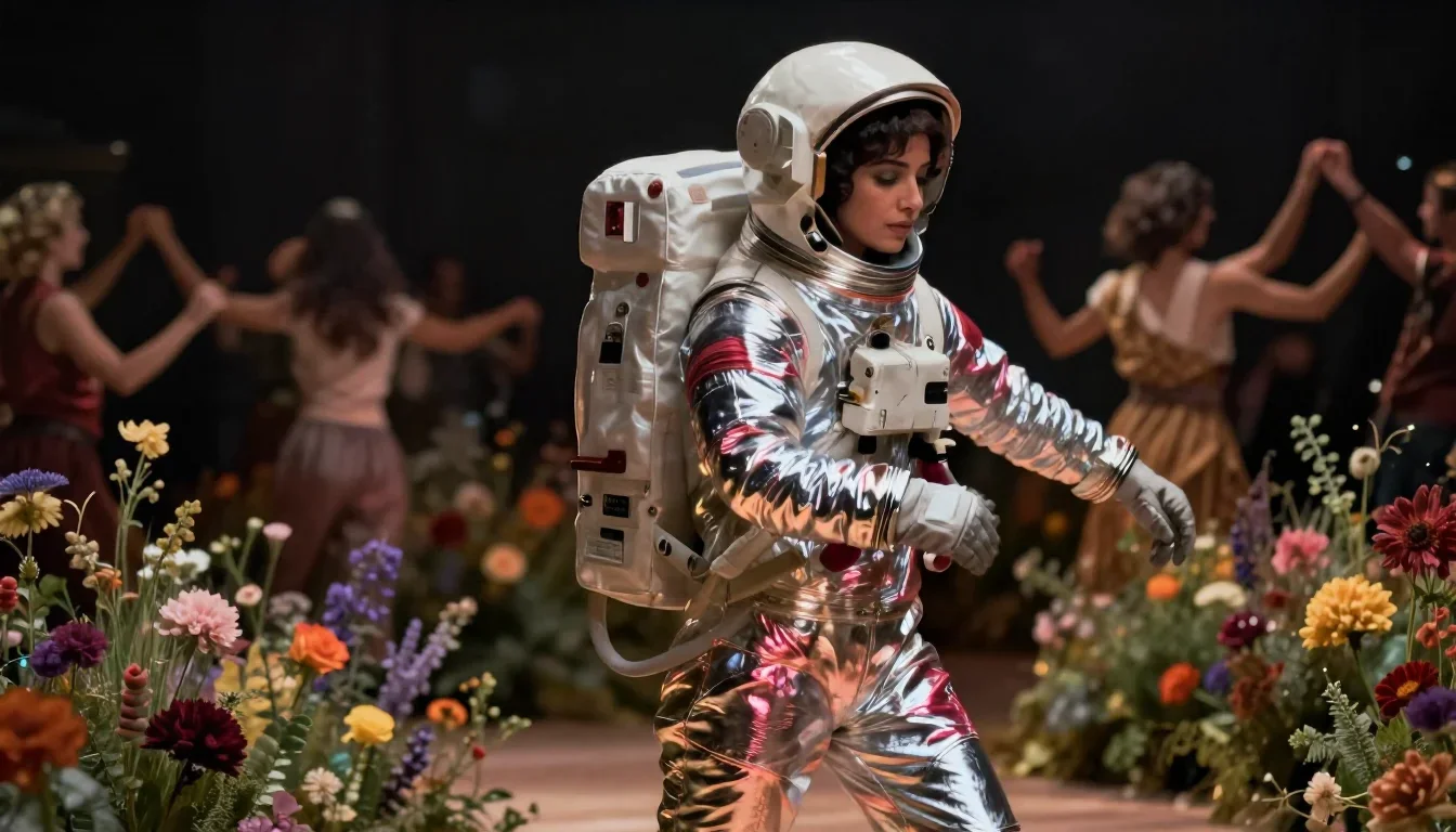 an astronaut in a reflective bodysuit among wildflowers in an alluring over-the-shoulder glance, on a midnight dance flo