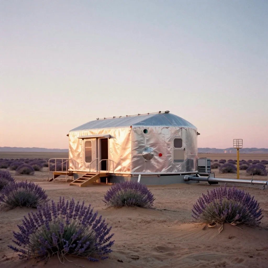 a desert research station during golden hour, soft-grain analog film photography, crisp material detail, lavender and si